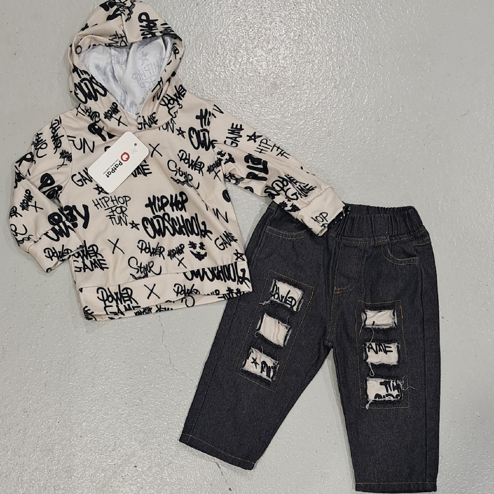 NWT PATPAT Boys Graffiti Print Hoodie and Distressed Jeans Set